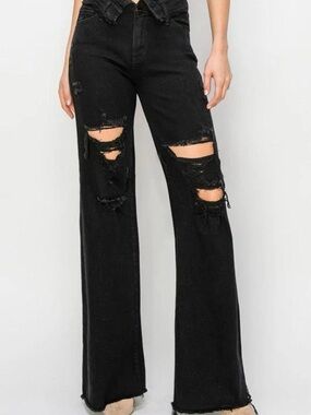 High-Rise Black Distressed Wide-Leg Jeans